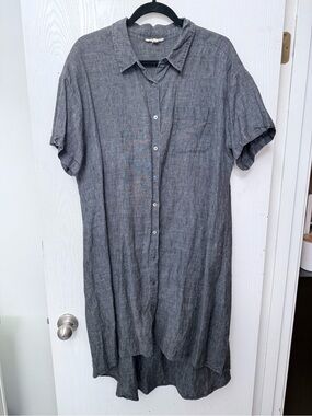 Eileen Fisher darling dark denim color Linen Shirt Dress, high-low, size L